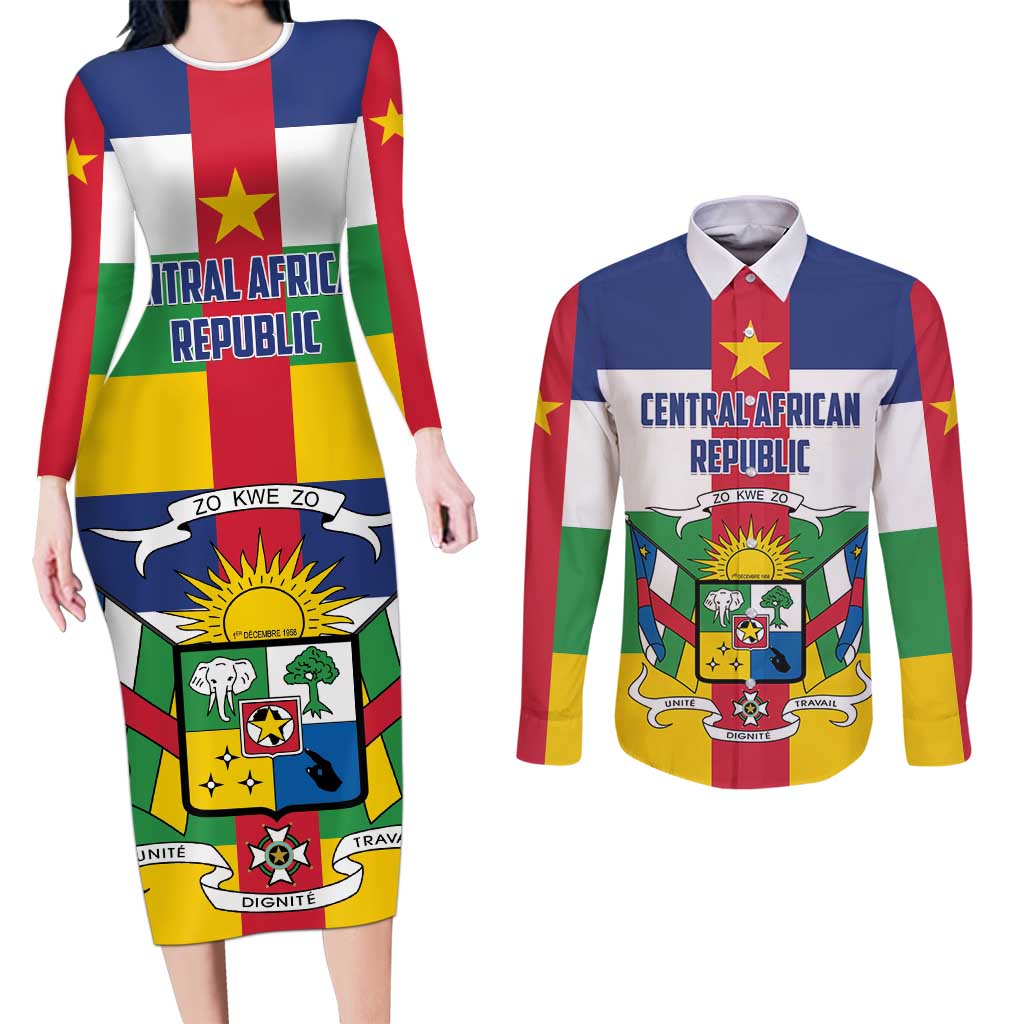 Personalized Central African Republic Couples Matching Long Sleeve Bodycon Dress and Long Sleeve Button Shirt Zo Kwe Zo Flag Style - Wonder Print Shop