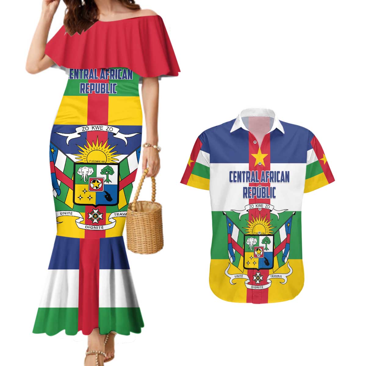 Personalized Central African Republic Couples Matching Mermaid Dress and Hawaiian Shirt Zo Kwe Zo Flag Style - Wonder Print Shop