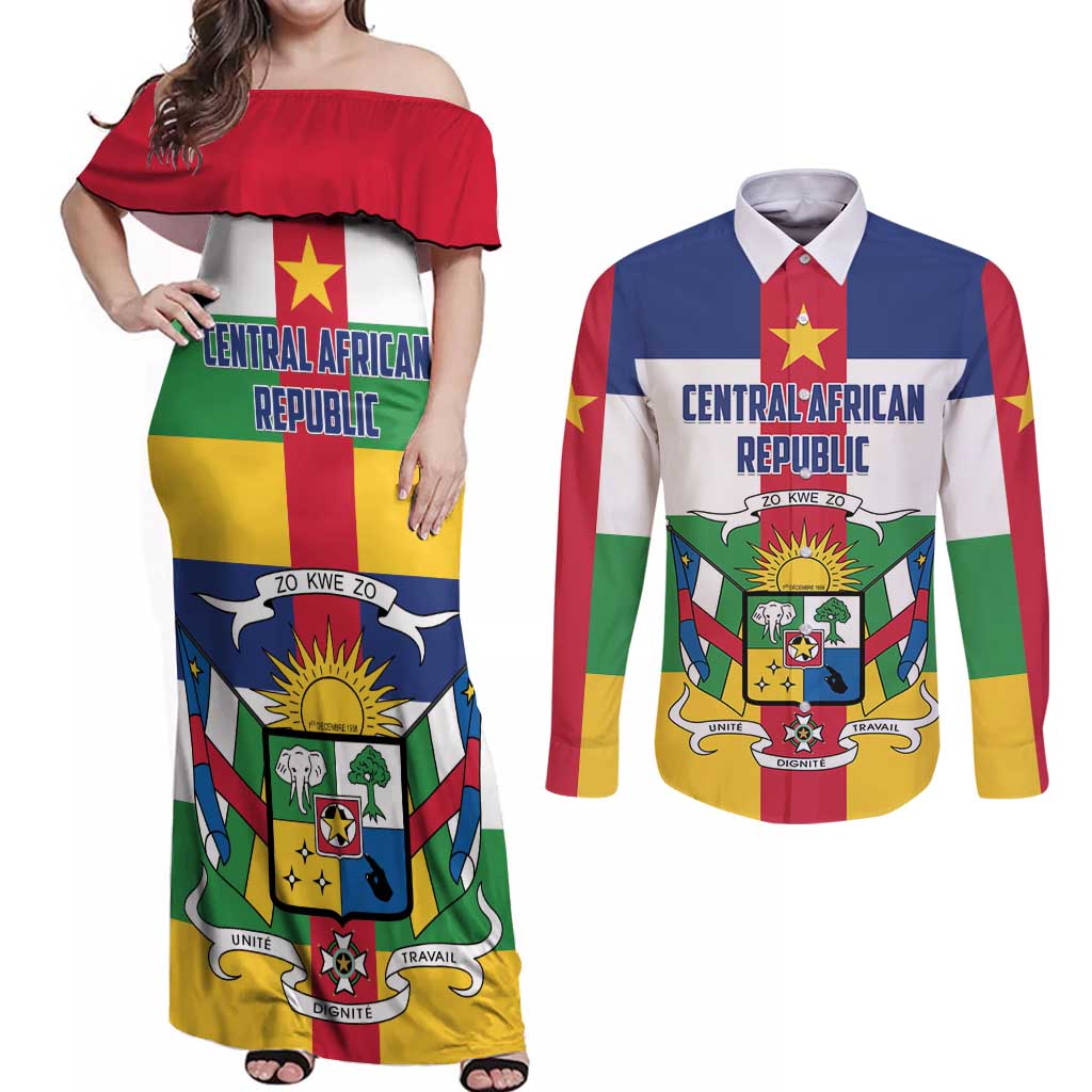 Personalized Central African Republic Couples Matching Off Shoulder Maxi Dress and Long Sleeve Button Shirt Zo Kwe Zo Flag Style - Wonder Print Shop