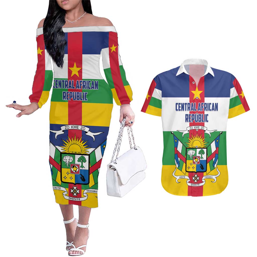 Personalized Central African Republic Couples Matching Off The Shoulder Long Sleeve Dress and Hawaiian Shirt Zo Kwe Zo Flag Style - Wonder Print Shop