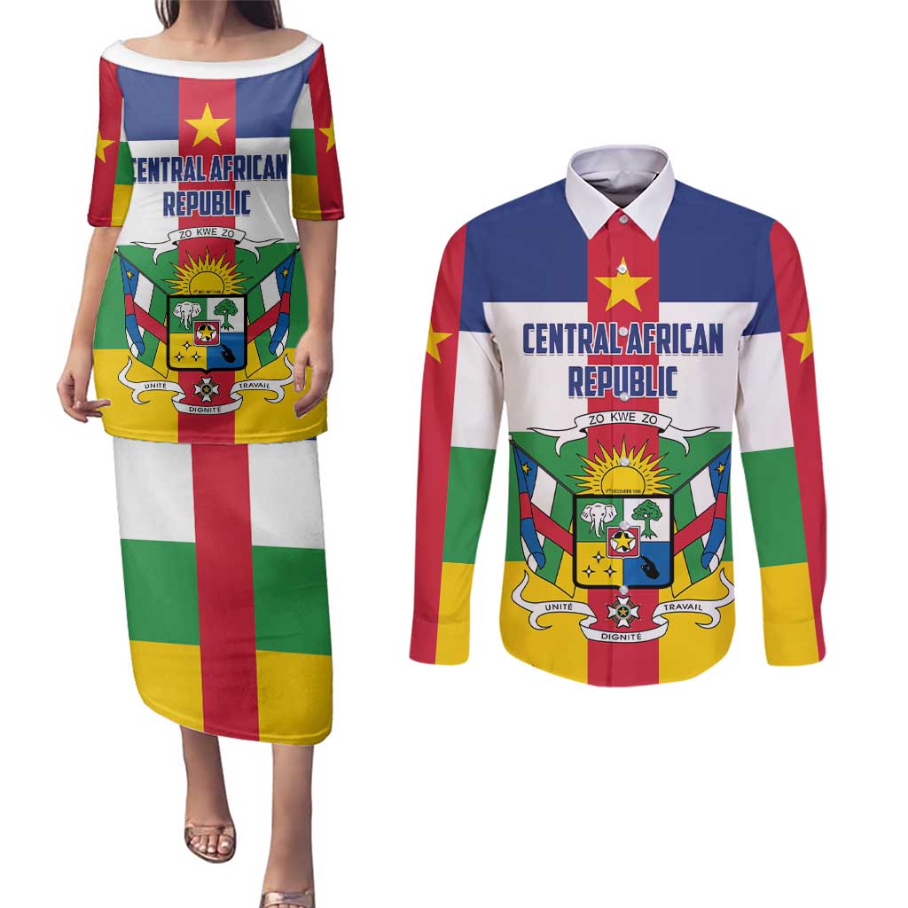 Personalized Central African Republic Couples Matching Puletasi and Long Sleeve Button Shirt Zo Kwe Zo Flag Style - Wonder Print Shop