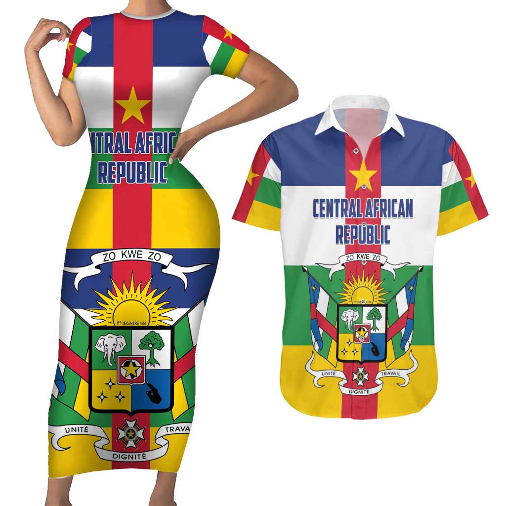 Personalized Central African Republic Couples Matching Short Sleeve Bodycon Dress and Hawaiian Shirt Zo Kwe Zo Flag Style - Wonder Print Shop