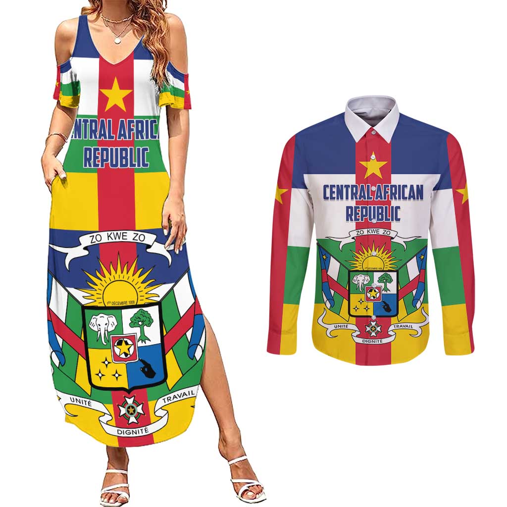 Personalized Central African Republic Couples Matching Summer Maxi Dress and Long Sleeve Button Shirt Zo Kwe Zo Flag Style - Wonder Print Shop