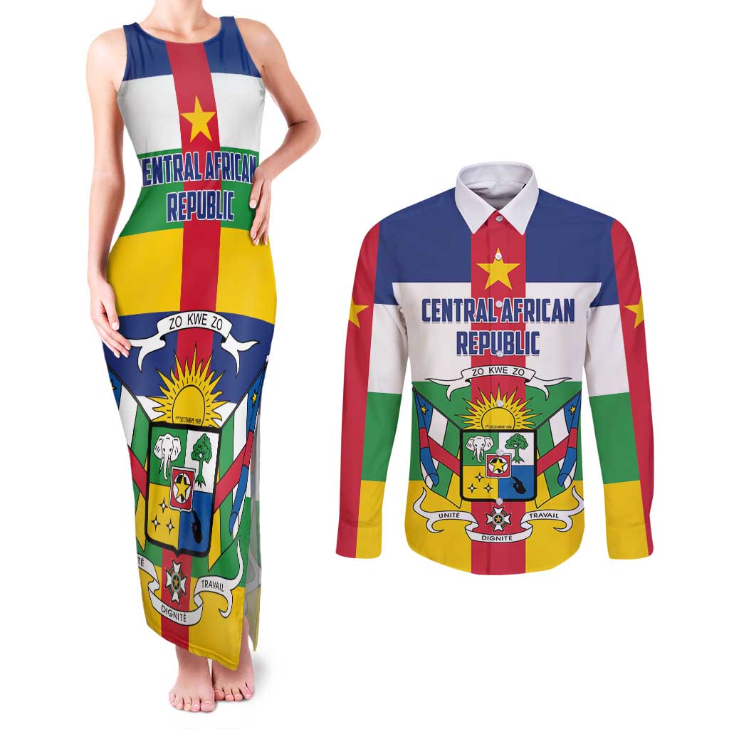 Personalized Central African Republic Couples Matching Tank Maxi Dress and Long Sleeve Button Shirt Zo Kwe Zo Flag Style - Wonder Print Shop