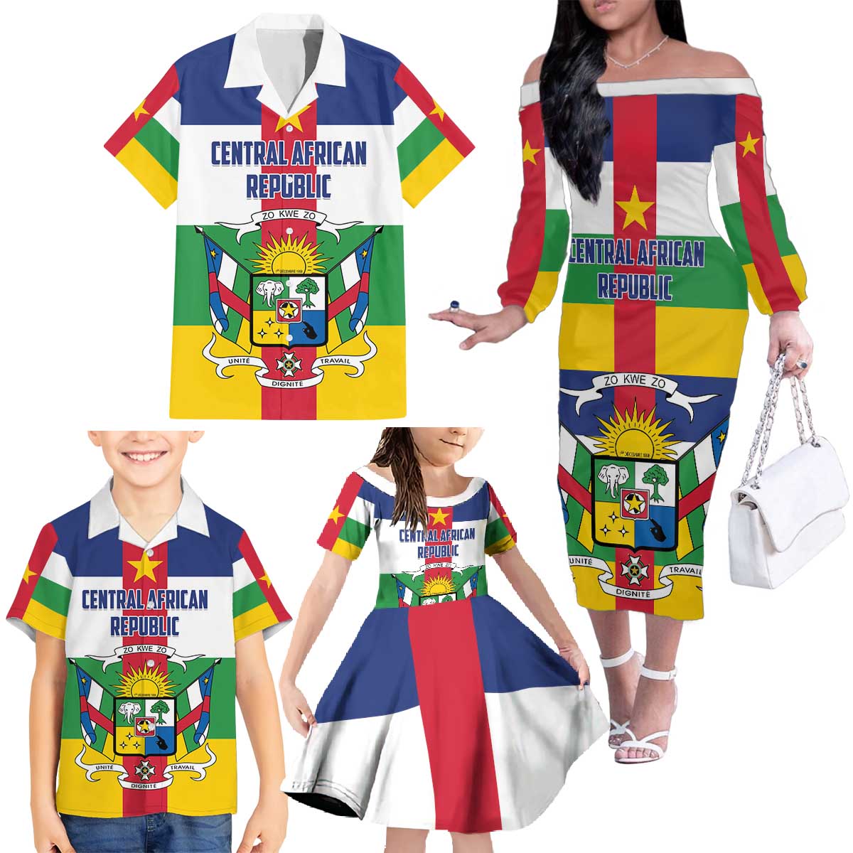 Personalized Central African Republic Family Matching Off The Shoulder Long Sleeve Dress and Hawaiian Shirt Zo Kwe Zo Flag Style - Wonder Print Shop