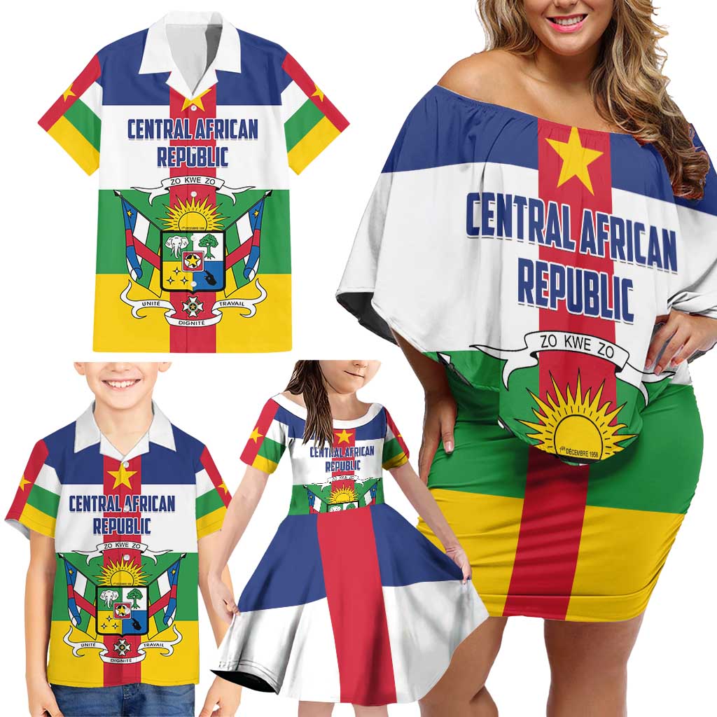 Personalized Central African Republic Family Matching Off Shoulder Short Dress and Hawaiian Shirt Zo Kwe Zo Flag Style - Wonder Print Shop