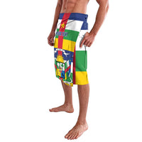 Men's flag-print lavalava skirt with custom text and crest, side view, elastic waist