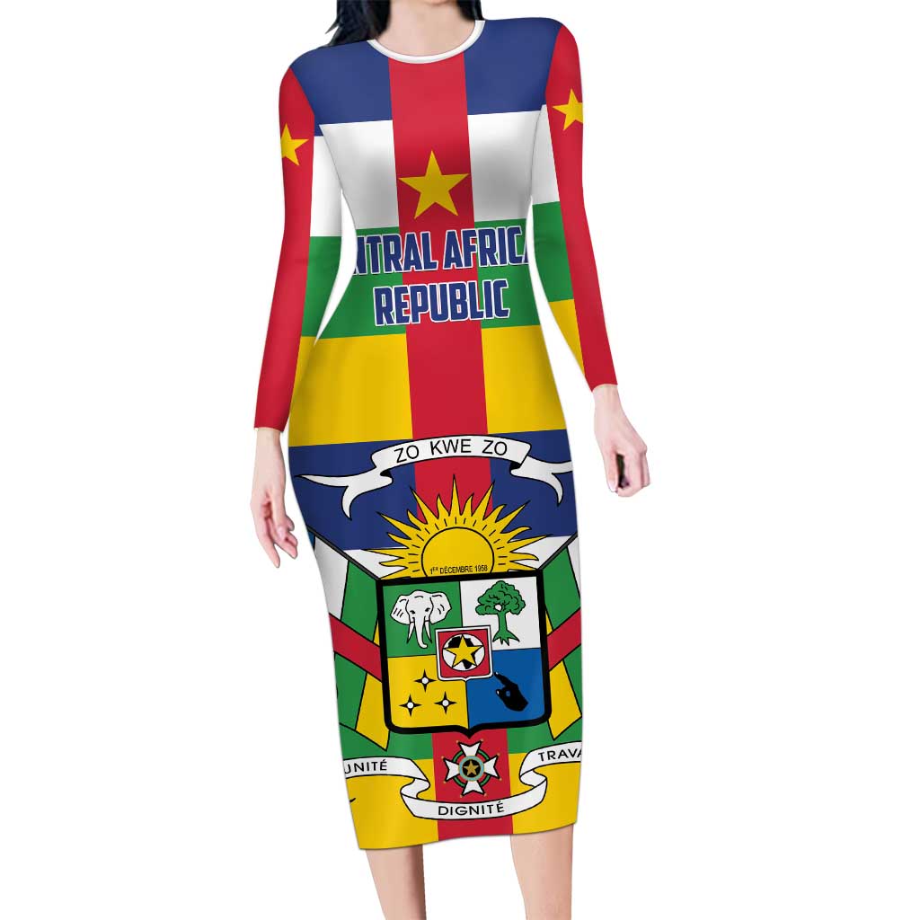 Personalized Central African Republic Long Sleeve Bodycon Dress Zo Kwe Zo Flag Style - Wonder Print Shop