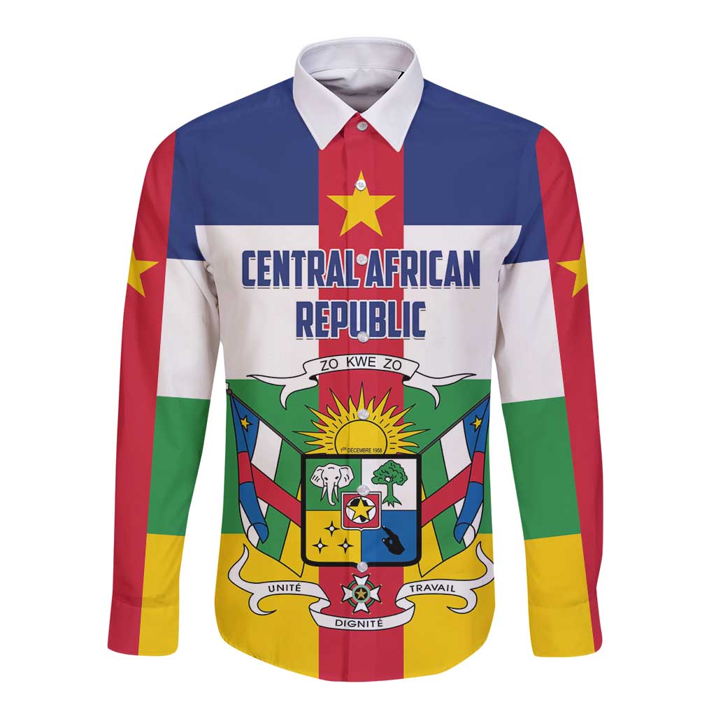 Central African Republic long-sleeve button shirt, flag print front with crest and text