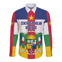 Central African Republic long-sleeve button shirt, flag print front with crest and text