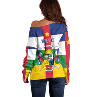 Women’s off-shoulder sweater with YOURTEXT and Central African Republic flag graphic