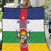 Central African Republic flag quilt with quilted diamond pattern and crest in blue red white green yellow