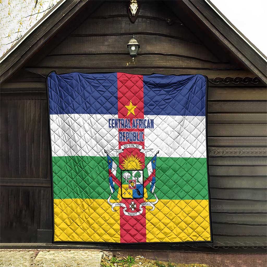 Central African Republic flag quilt hanging on wall, quilted diamonds with crest and emblem