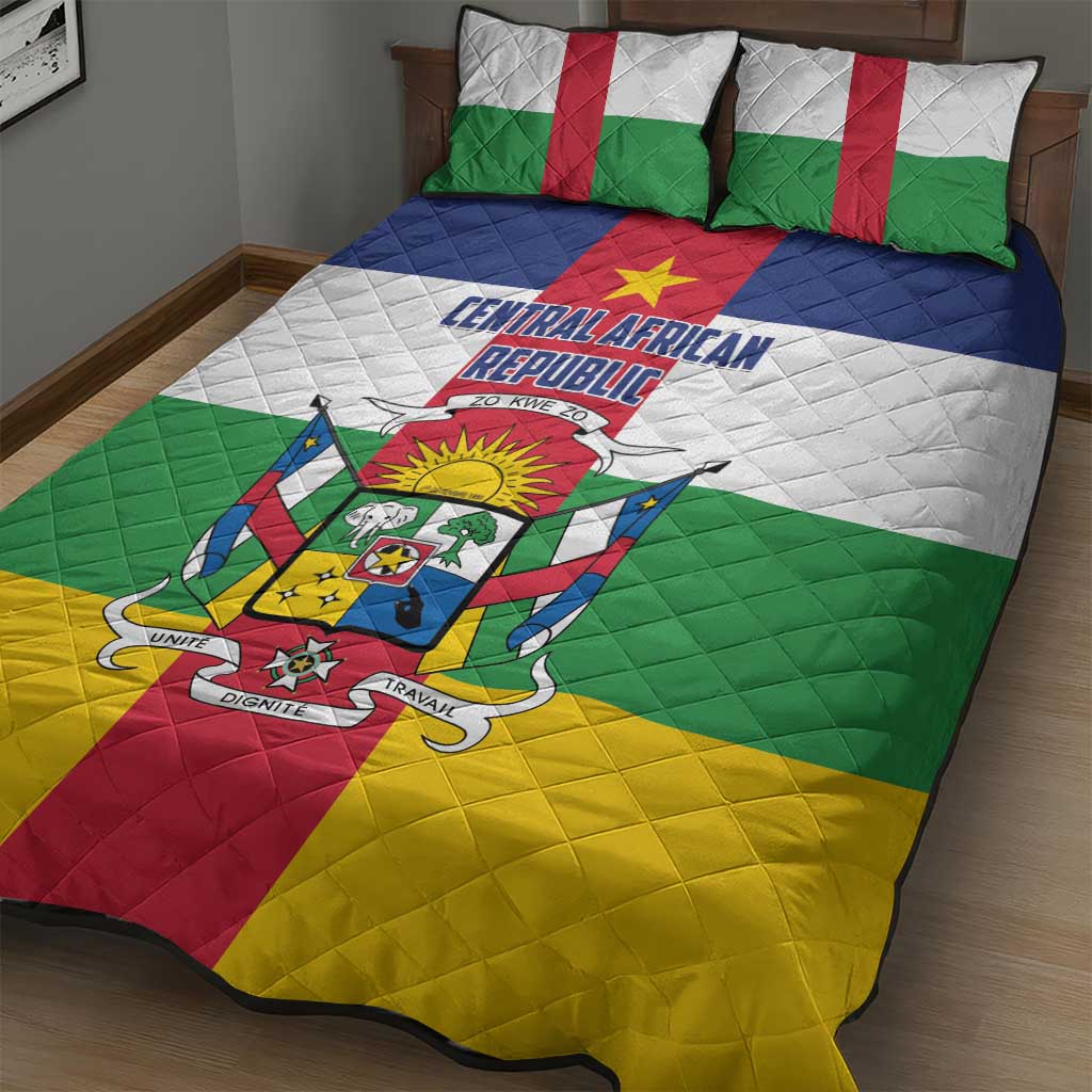 Central African Republic quilt bed set with flag-style quilt and coat-of-arms crest on white base