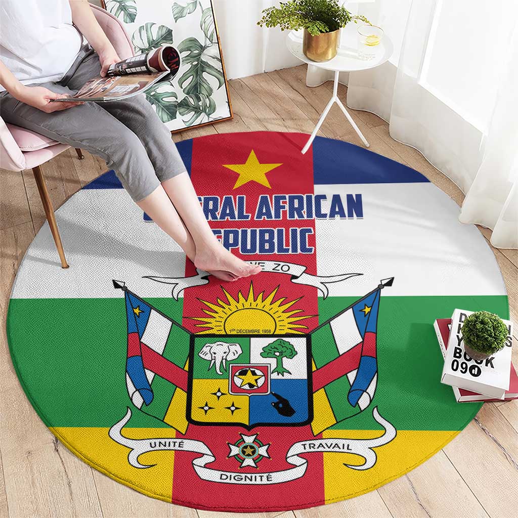Round carpet with Central African Republic flag artwork, bright green blue red border