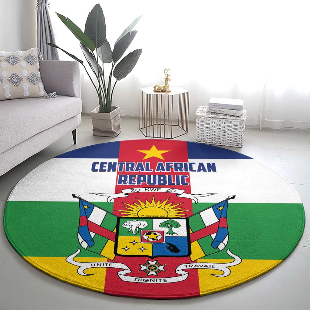 Round carpet with Central African Republic flag design, green blue red center crest