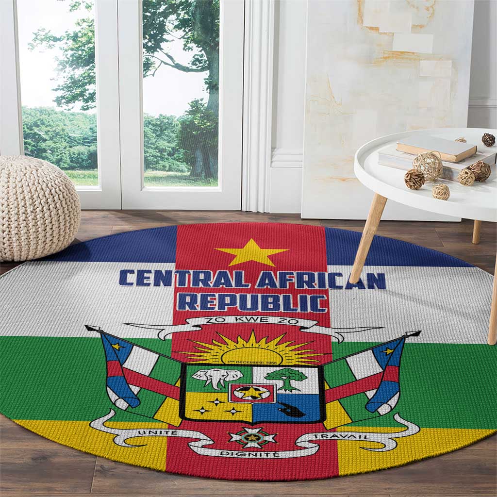 Round carpet showing Central African Republic flag with bold text and central coat of arms