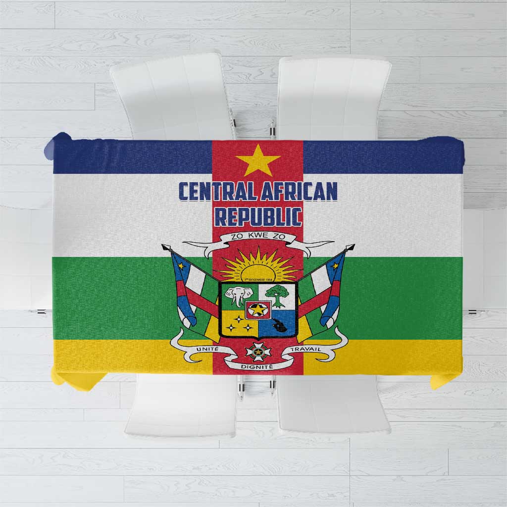 Flag-style tablecloth featuring Central African Republic crest and colorful shield design