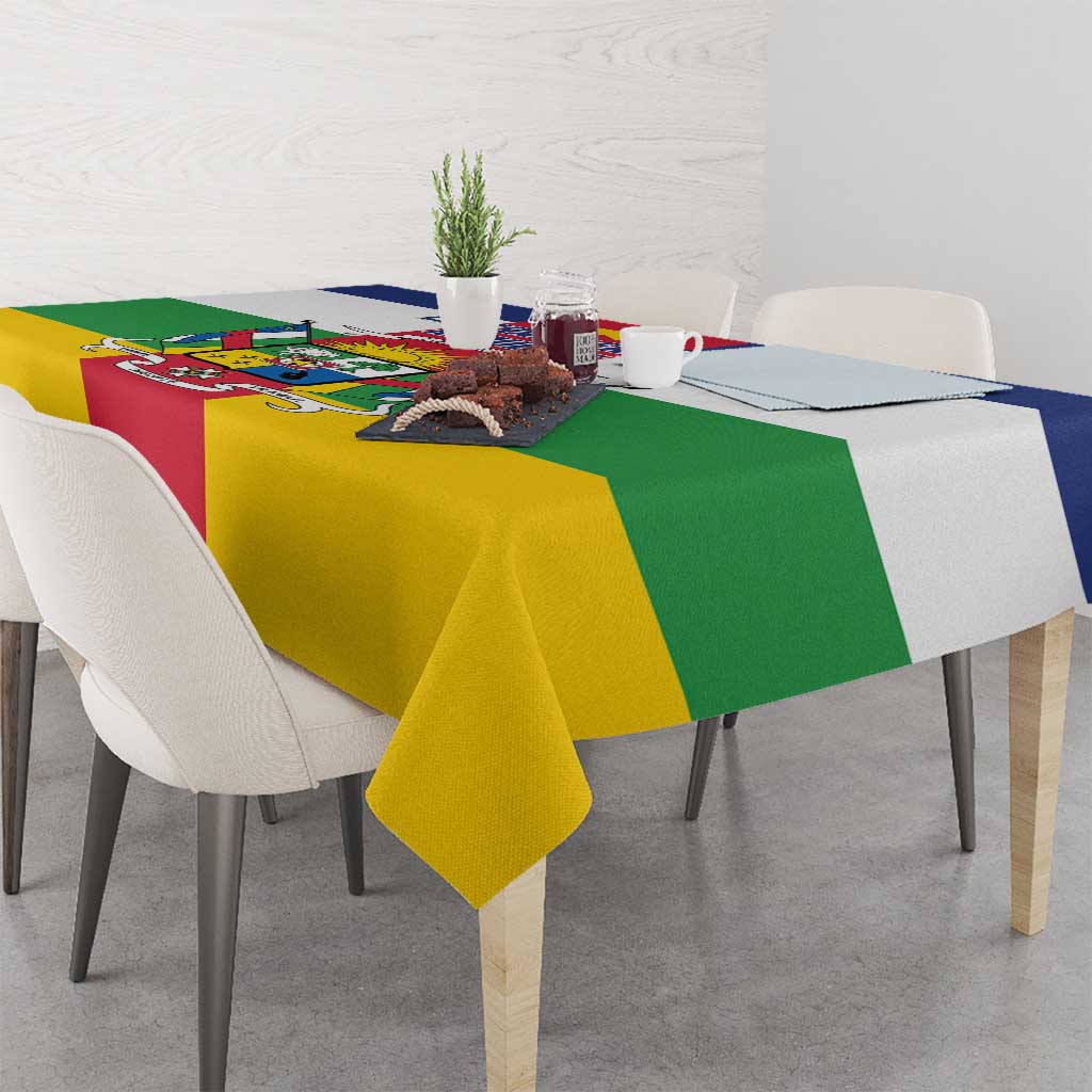 Flag-style tablecloth on dining table with yellow, green, red and blue sections