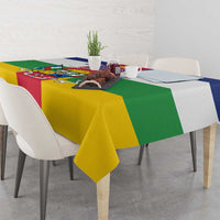 Flag-style tablecloth on dining table with yellow, green, red and blue sections