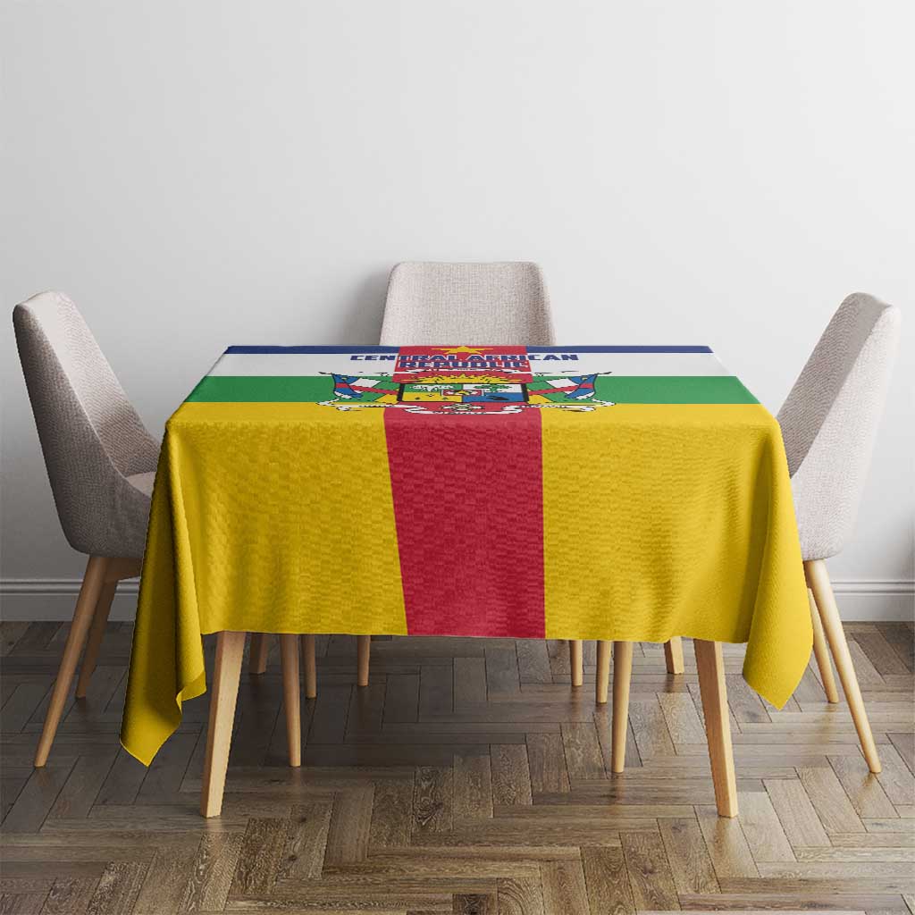 Flag-style tablecloth on table with central red panel and yellow sides