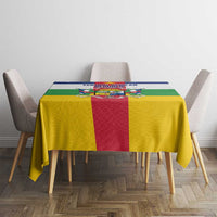 Flag-style tablecloth on table with central red panel and yellow sides