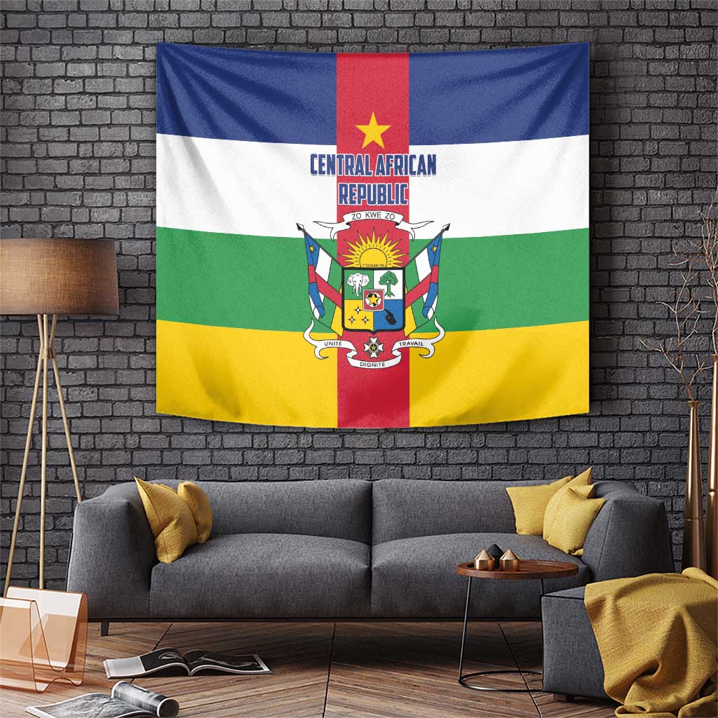 Central African Republic tapestry flag with full crest and red vertical panel, yellow bottom band