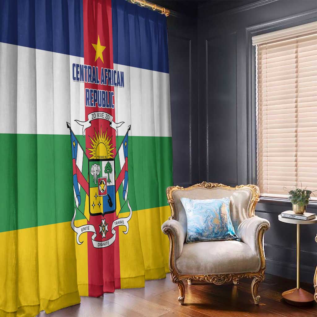 Central African Republic flag-style window curtain panel with crest, stars, and red center stripe