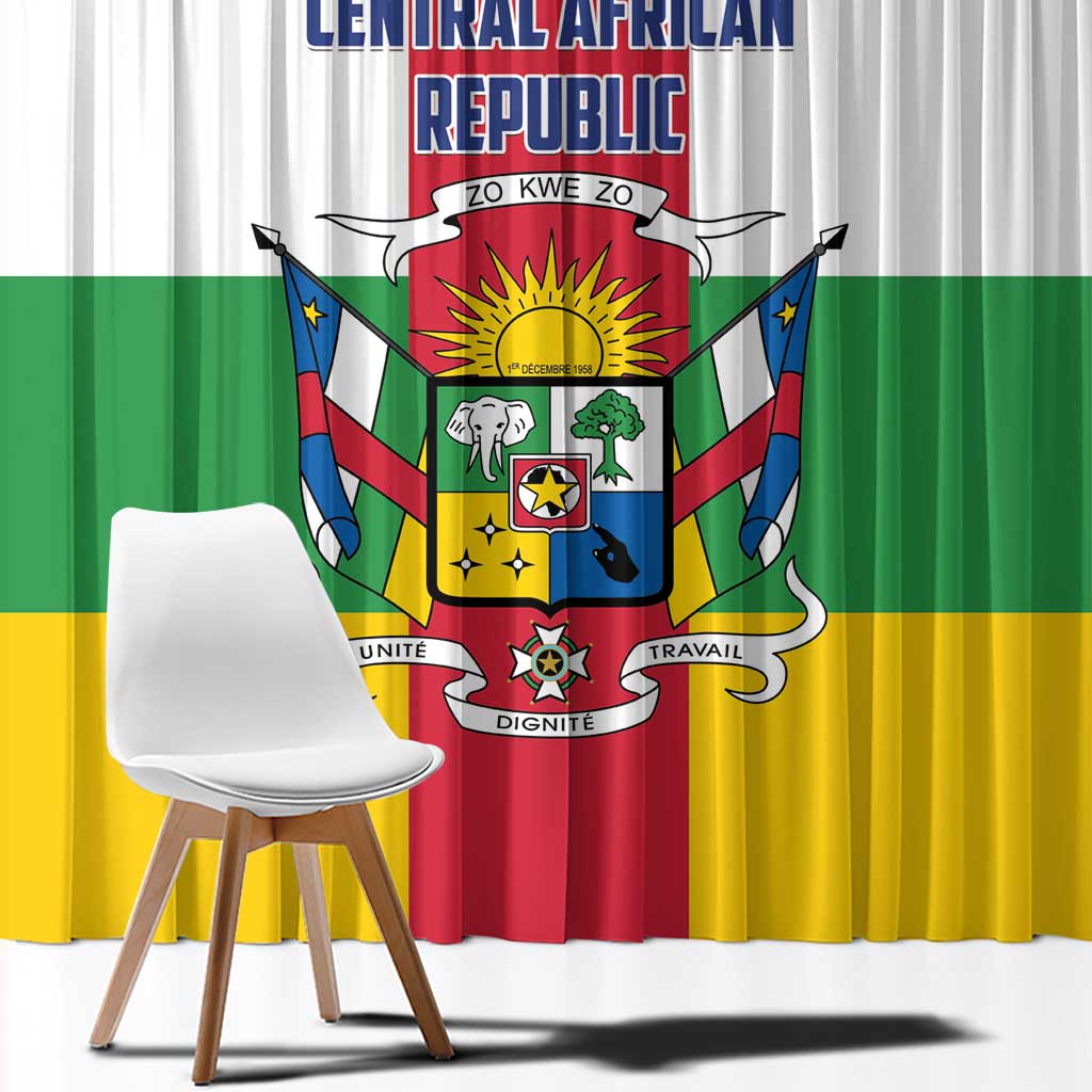 Central African Republic flag print window curtain panel with central crest and multicolor vertical stripes