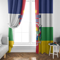 Central African Republic flag window curtain with draped fabric and crest near center of vertical bands