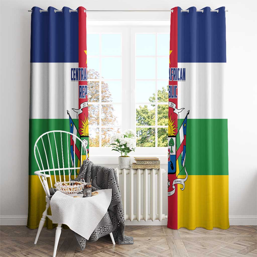Flag-style Central African Republic window curtains with crest print and blue-white-green-yellow-red stripes