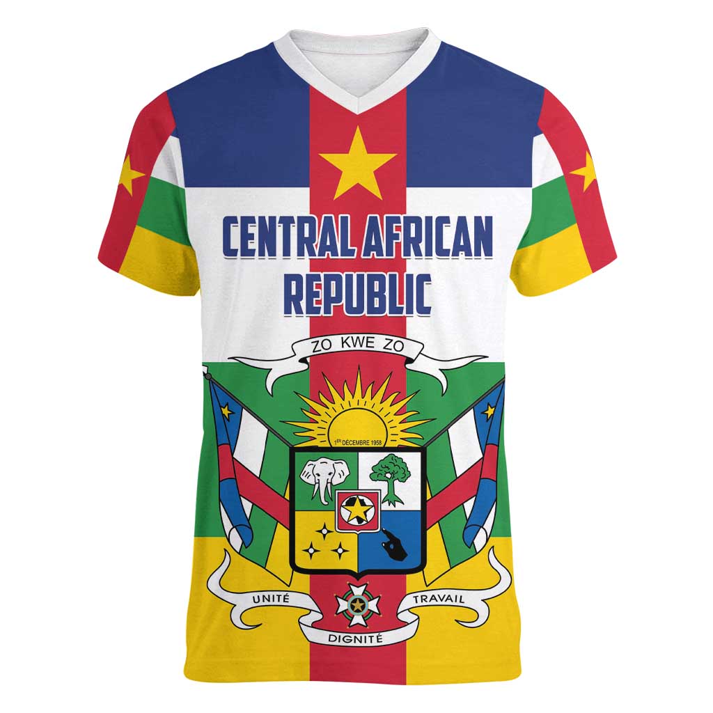 Personalized Central African Republic Women V-Neck T-Shirt Zo Kwe Zo Flag Style - Wonder Print Shop