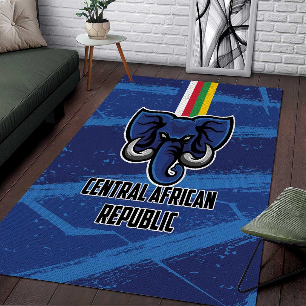 Blue area rug with elephant logo and Central African Republic text plus rainbow stripe