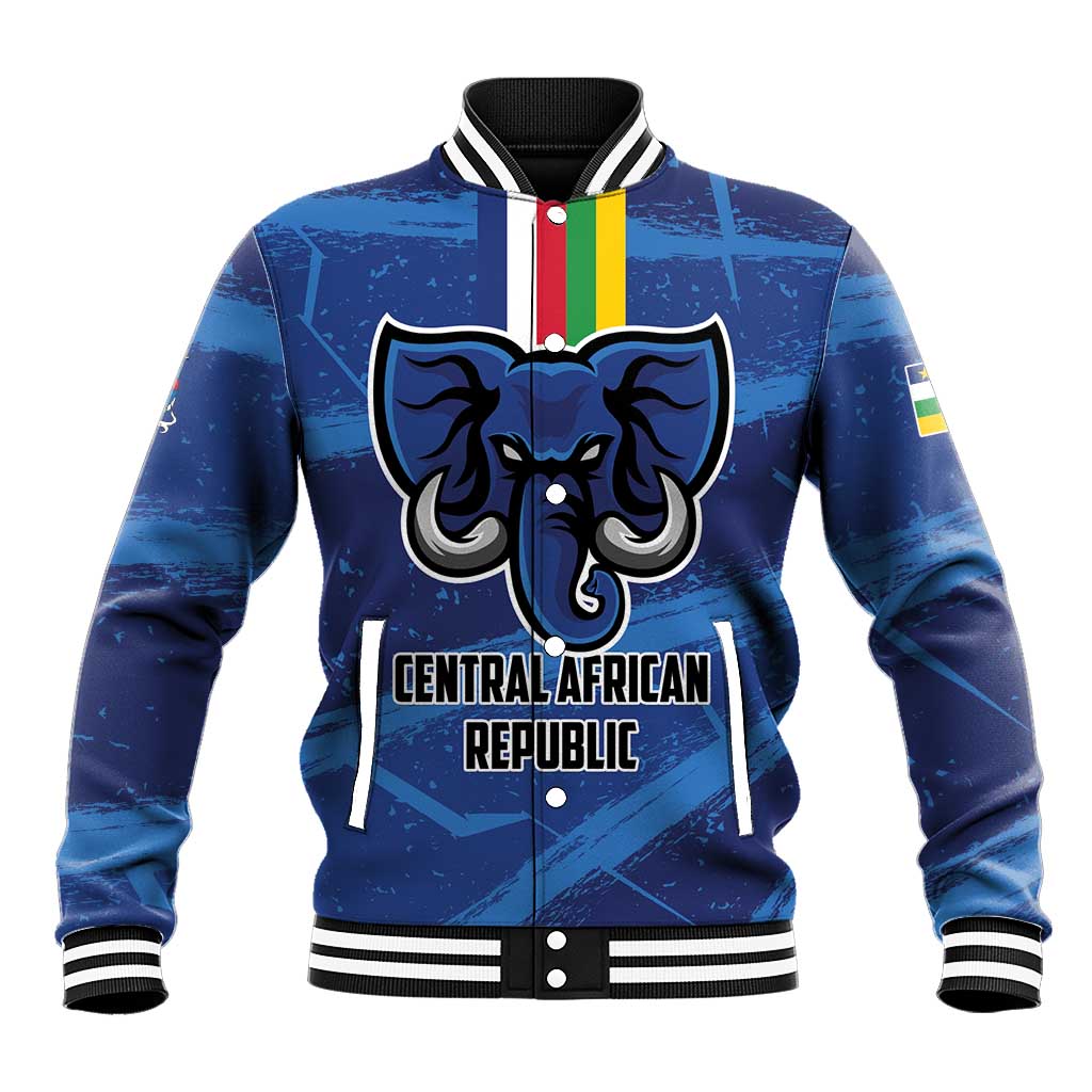 Blue baseball jacket, front emblem with tricolor vertical stripe and snap button