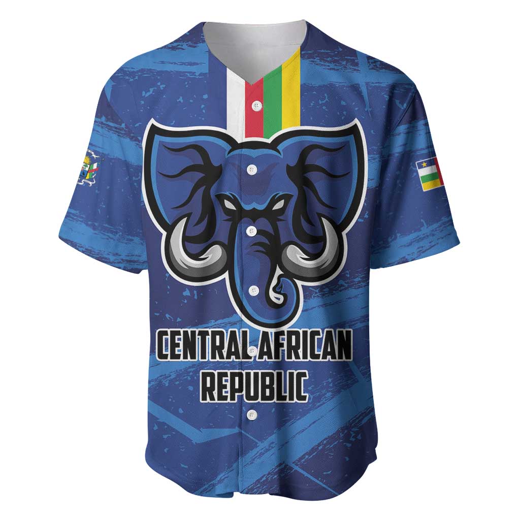 Blue football baseball jersey with Central African Republic elephant emblem and button front