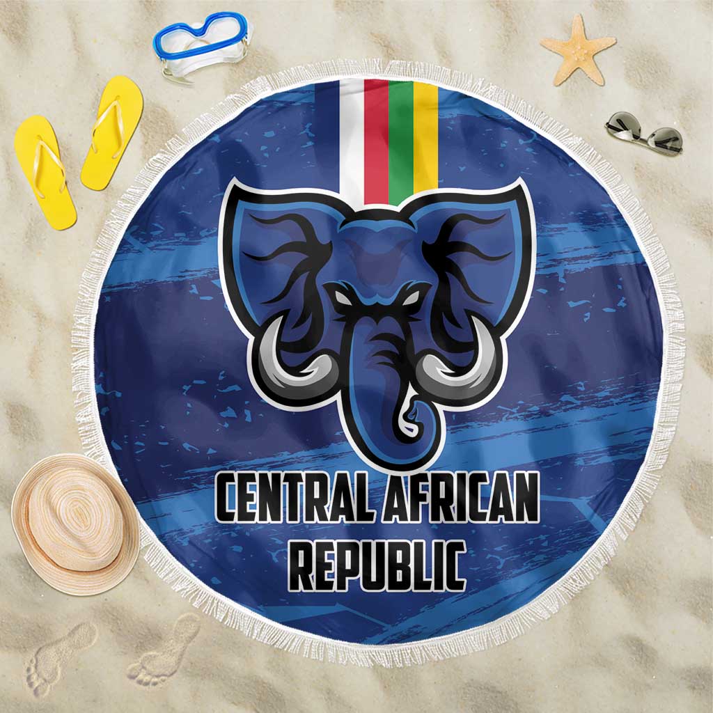 Blue round beach blanket with fringe, elephant emblem, flag stripe, and “Central African Republic” text