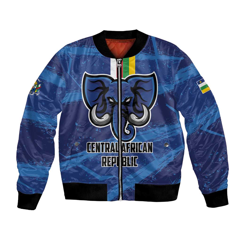 Blue unisex football bomber jacket with full-zip front and Central African crest graphic