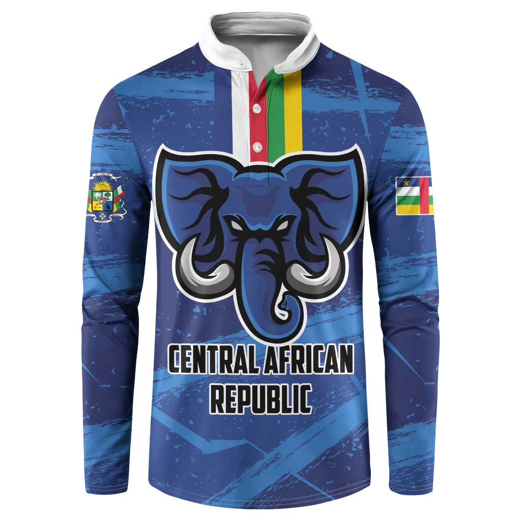 Blue button-front football sweatshirt with large bull mascot crest and multicolor stripe