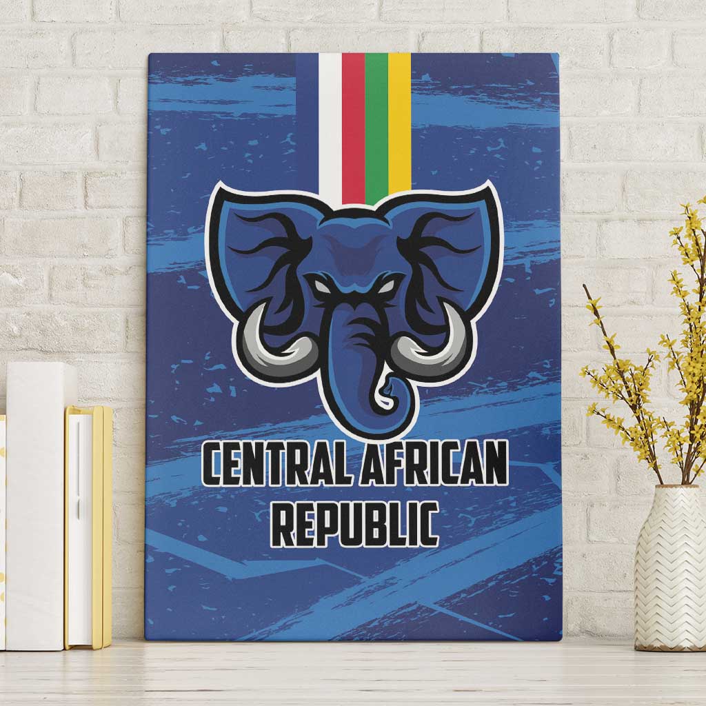 Blue canvas wall art featuring elephant emblem, Central African Republic lettering, and flag