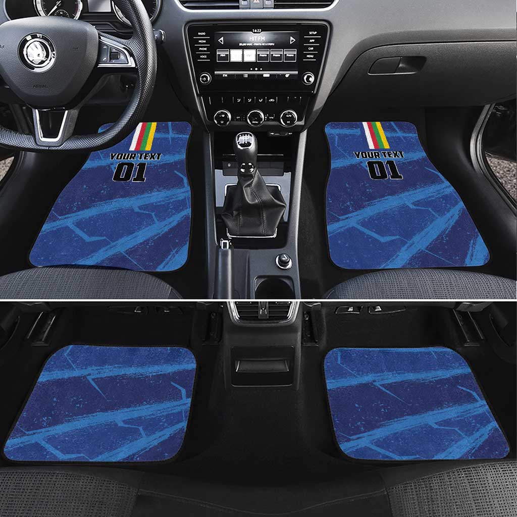 Blue four-piece car floor mat set with multicolor stripe and 'YOUR TEXT 01' print