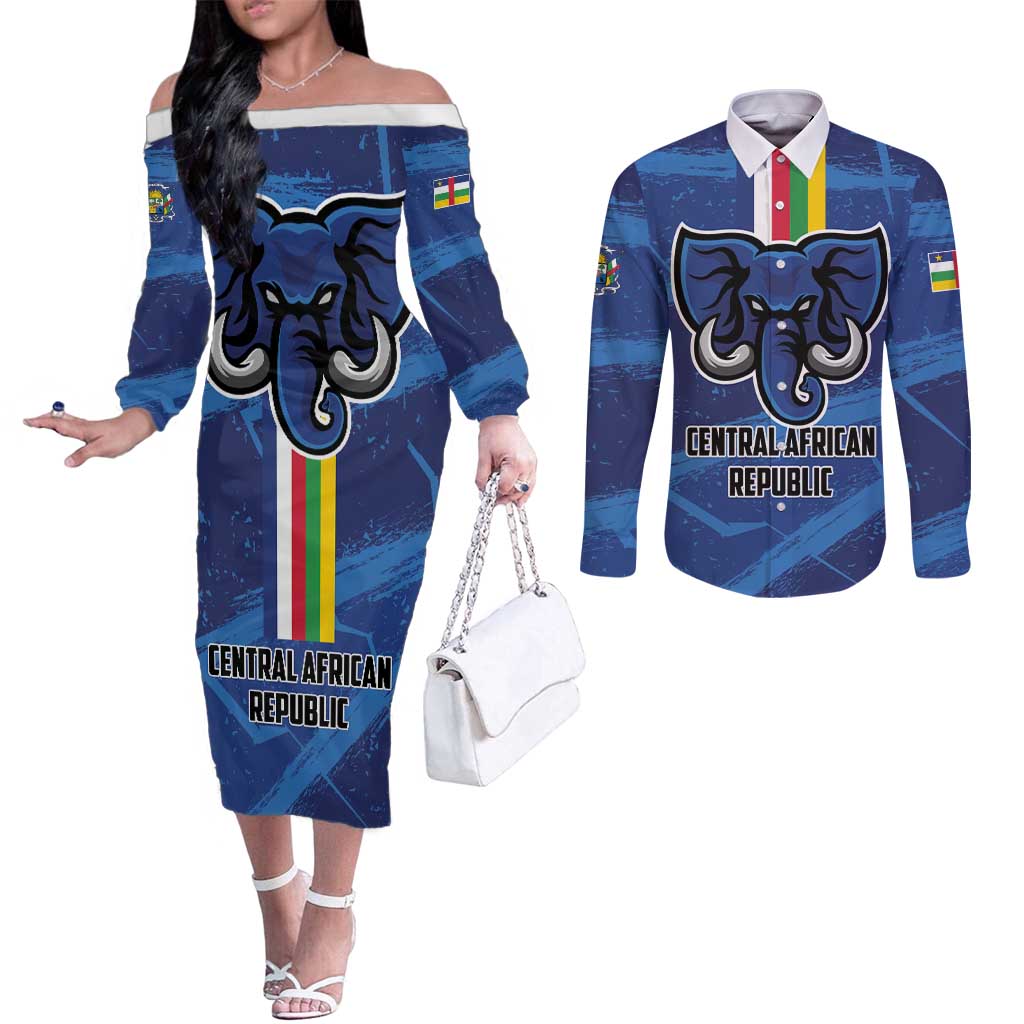 Custom Central African Republic Football Couples Matching Off The Shoulder Long Sleeve Dress and Long Sleeve Button Shirt Go Les Fauves