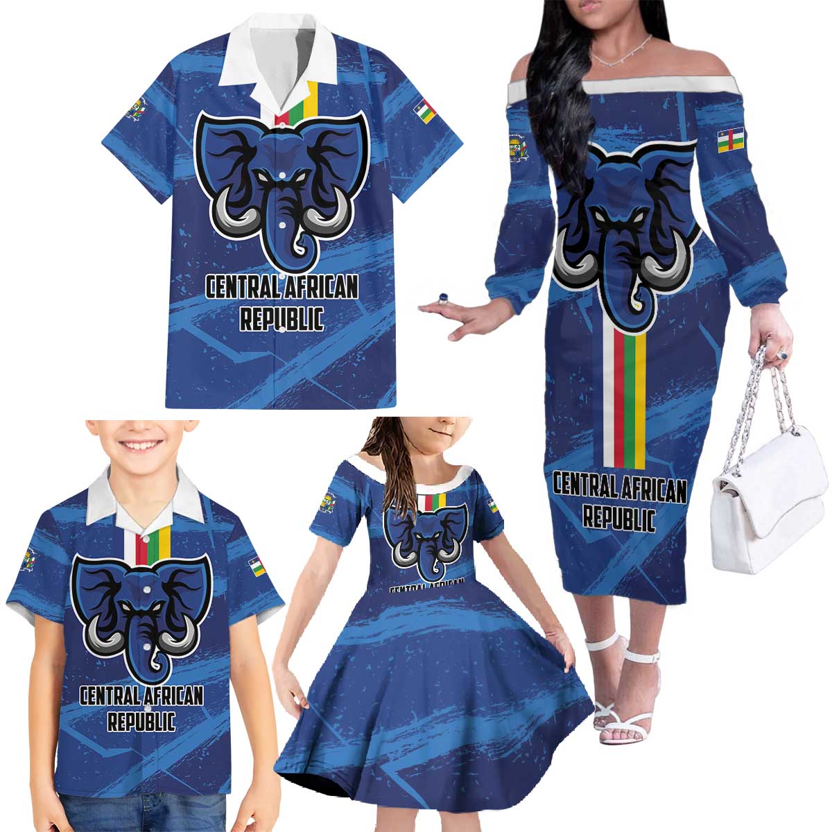 Custom Central African Republic Football Family Matching Off The Shoulder Long Sleeve Dress and Hawaiian Shirt Go Les Fauves - Wonder Print Shop