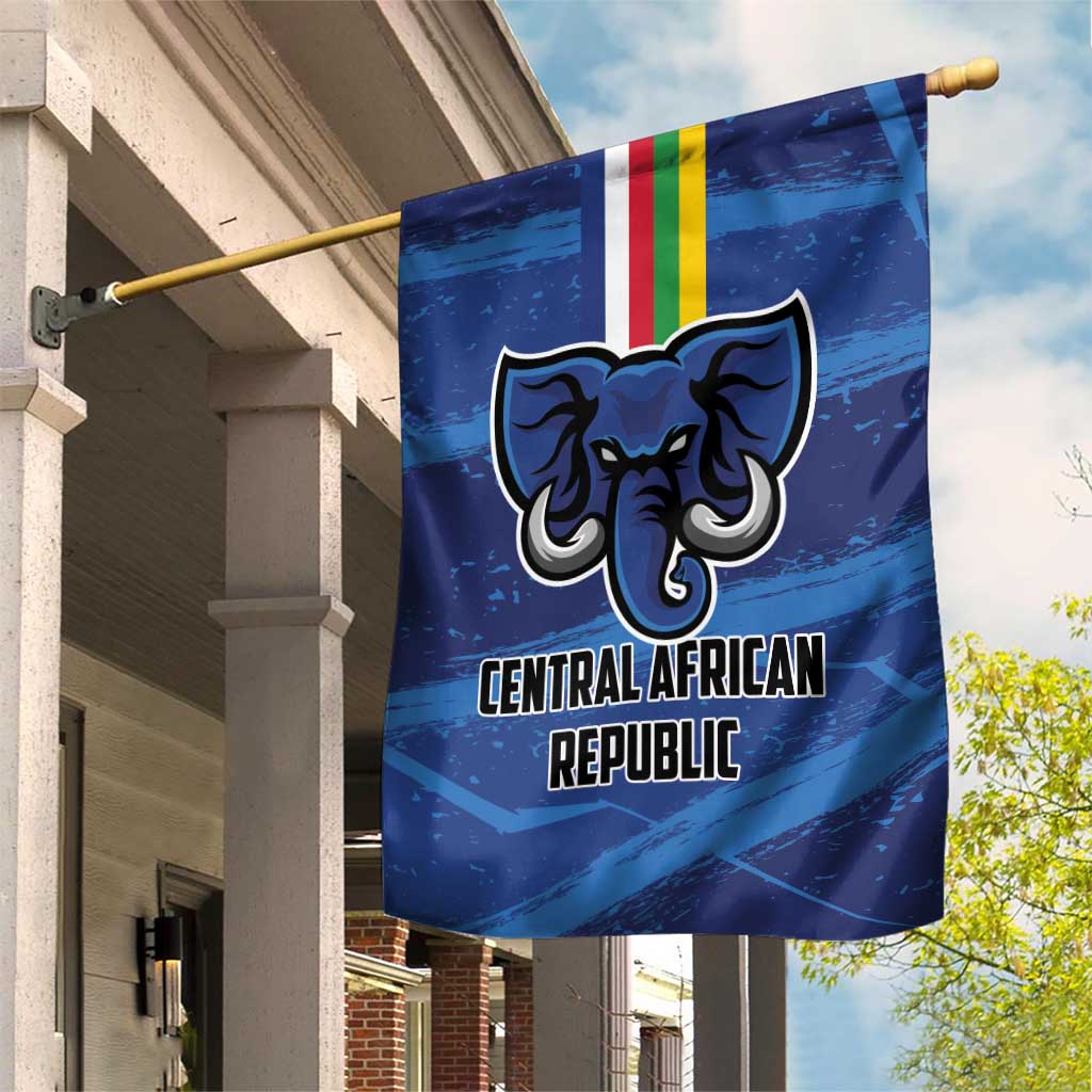 Blue Central African Republic garden flag with elephant logo and text, hanging on pole
