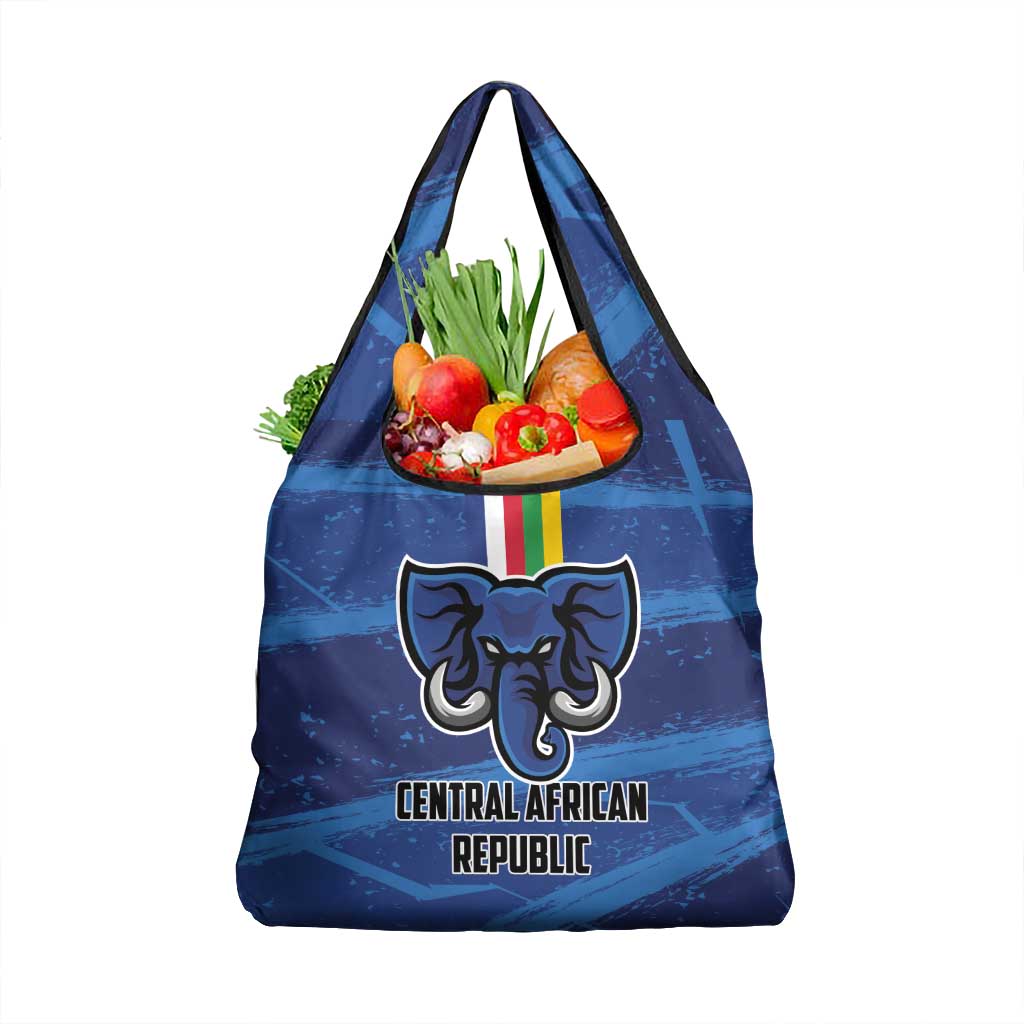 Blue football-themed grocery bag with elephant emblem and Central African Republic logo