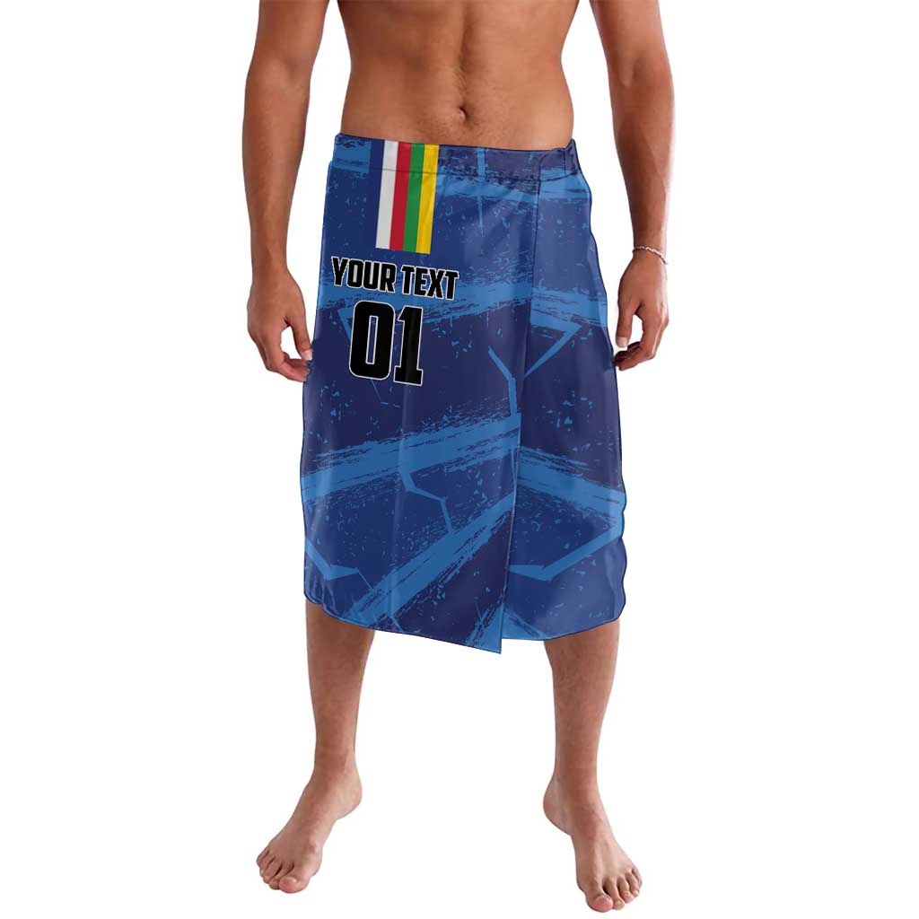Blue sports shorts with elastic waistband, multicolor stripe, front graphic print 01