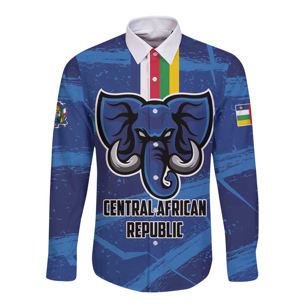 Blue football long-sleeve button shirt, front elephant logo with CENTRAL AFRICAN REPUBLIC