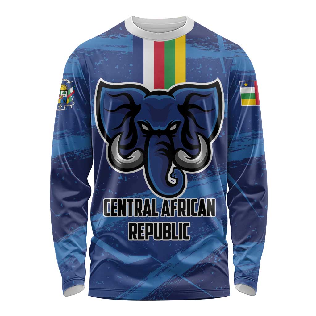 Blue unisex long-sleeve football shirt with elephant crest and Central African Republic text