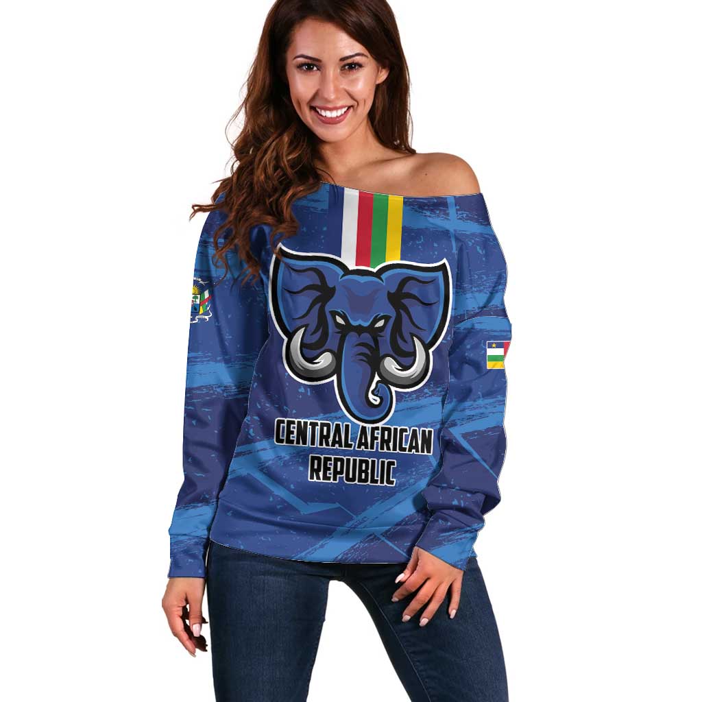 Women's blue off-shoulder football sweater, elephant emblem, long sleeves, front text