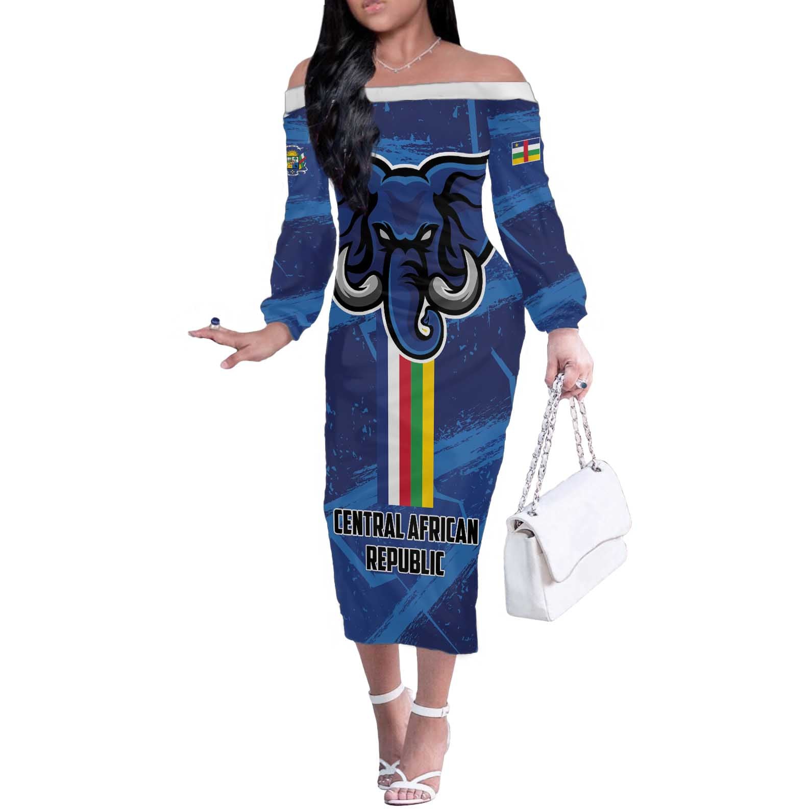 Custom Central African Republic Football Off The Shoulder Long Sleeve Dress Go Les Fauves - Wonder Print Shop