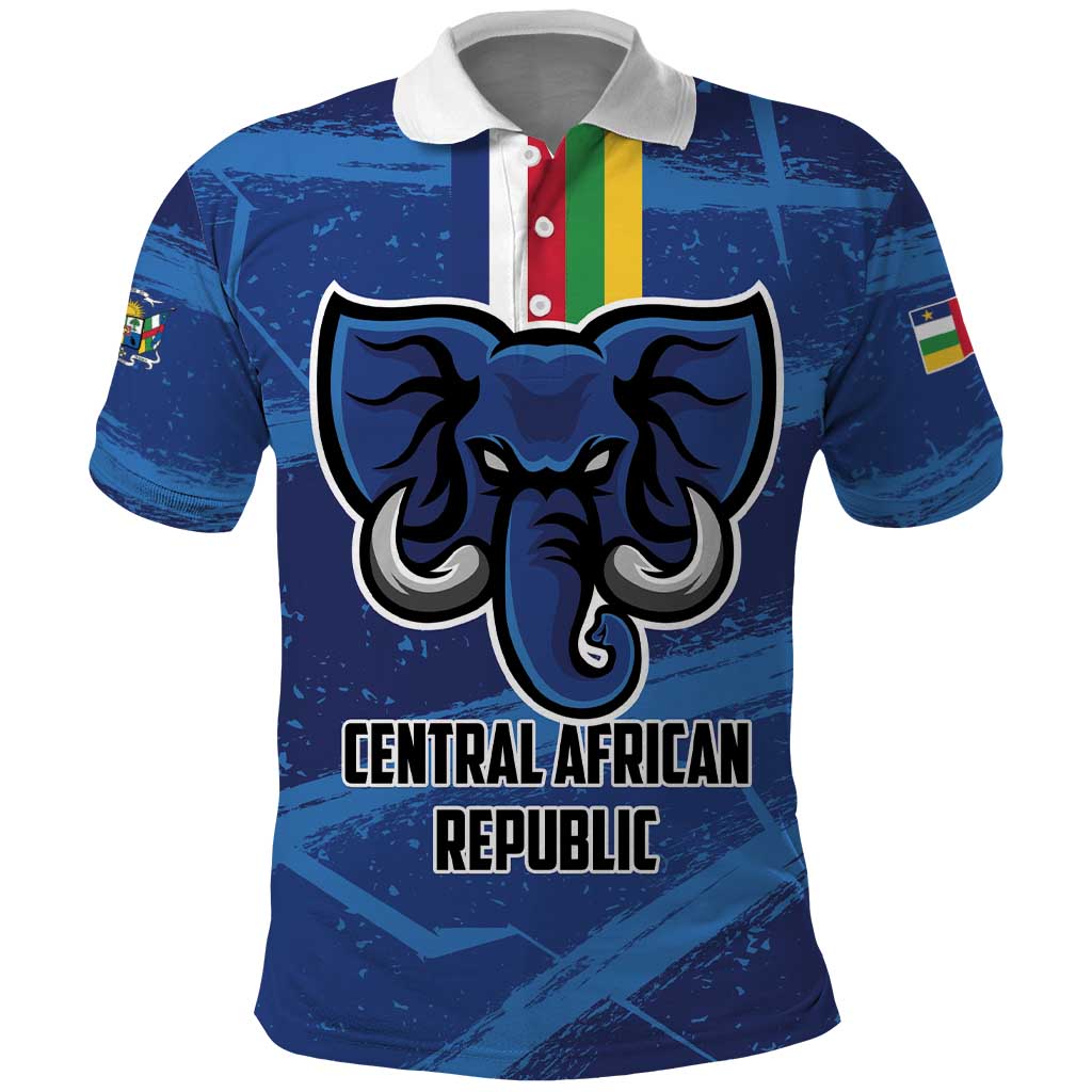 Blue football polo shirt with white collar, button placket, and Central African Republic graphic